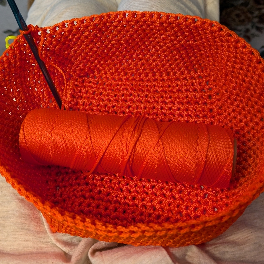 Handmade Crochet Bucket Bag Nylon Mason Line Bright Orange Brown Leather - Picture 14 of 16